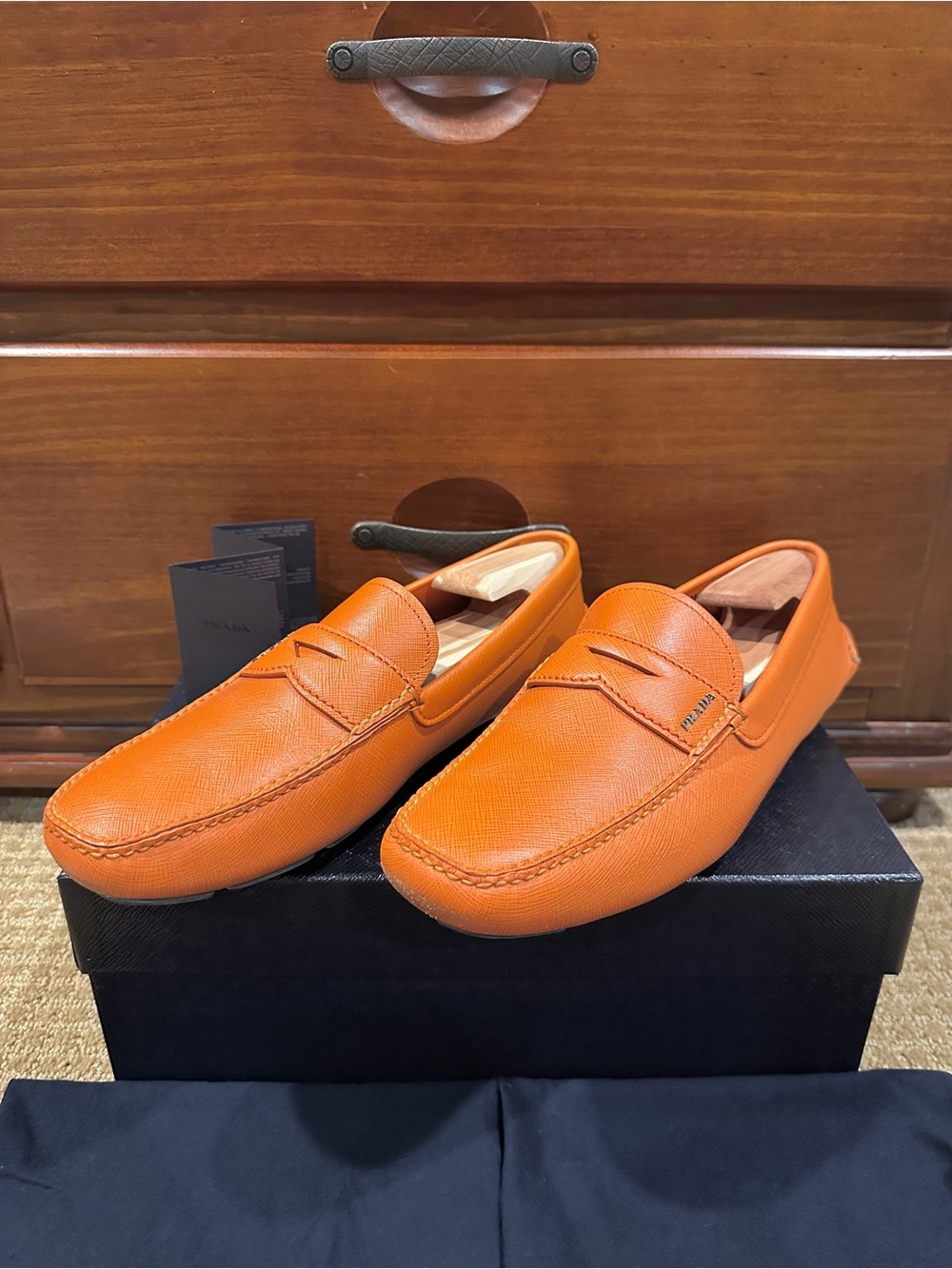 Prada Orange Leather Penny Loafers